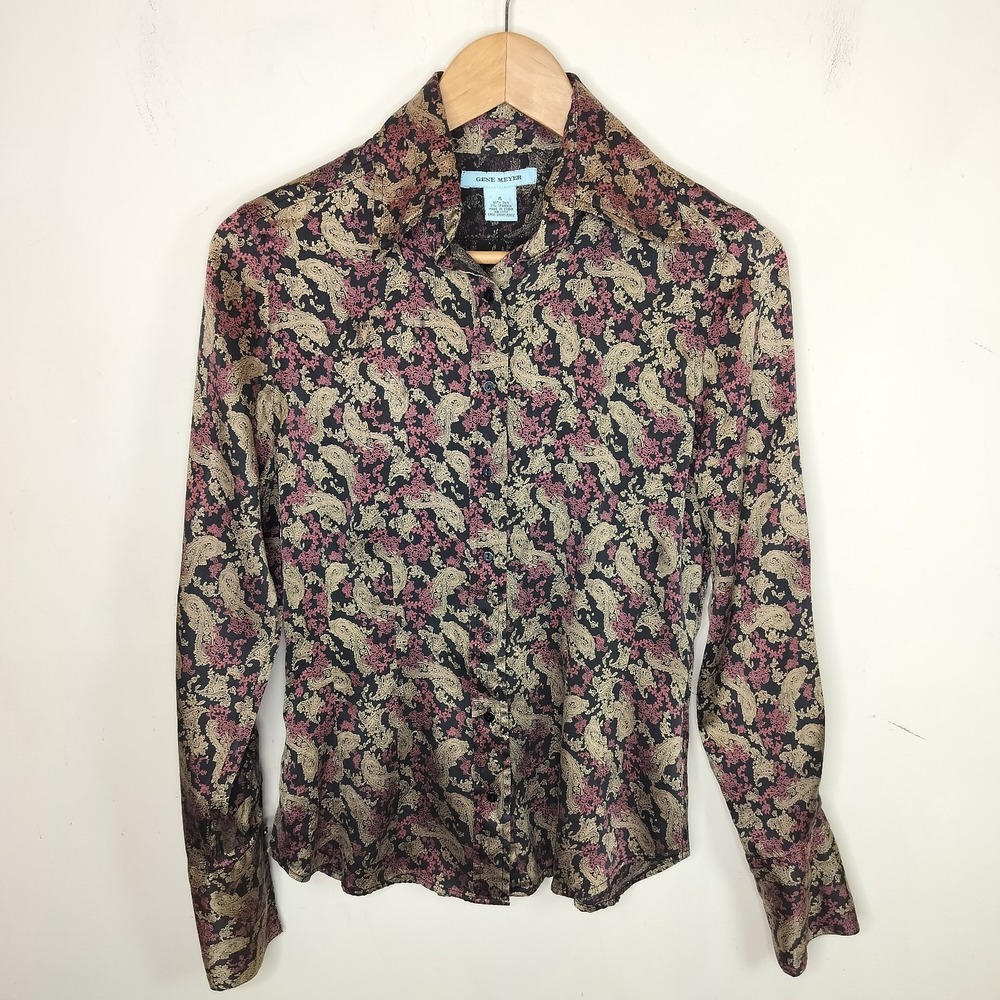 Gene Meyer Silk Paisley Floral Button Up Shirt Dark Romantic
